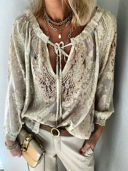 Irene - Long-sleeved lace chiffon blouse